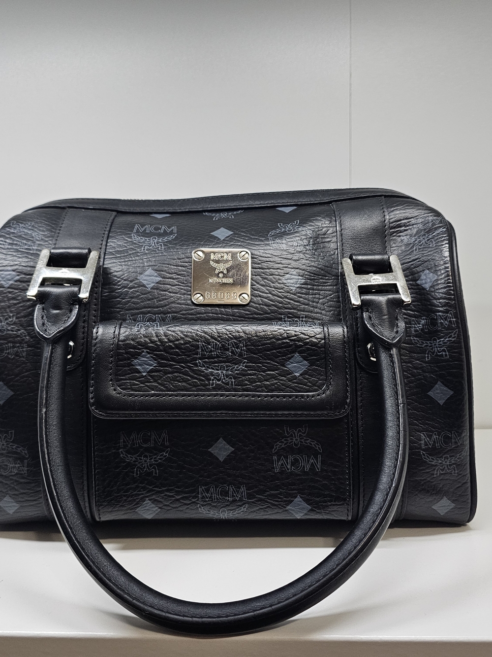 MCM Black Visetos Coated Canvas Satchel with Silver Plaque